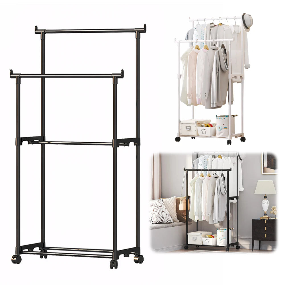 Double Rods Garment Rack Portable Clothes Organizer Clothes Rack with Wheels Clothes Hanging Rack for Shirt Coat Qme