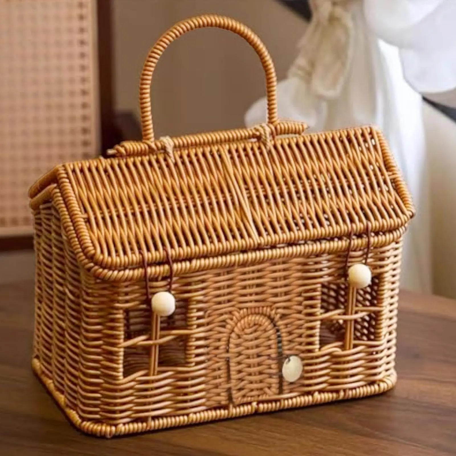 NEW Rattan Basket House Shape Portable Organizer Rattan Baskets With Lid For Organizing For Toy Toiletries Snack Fabric Camping Qme
