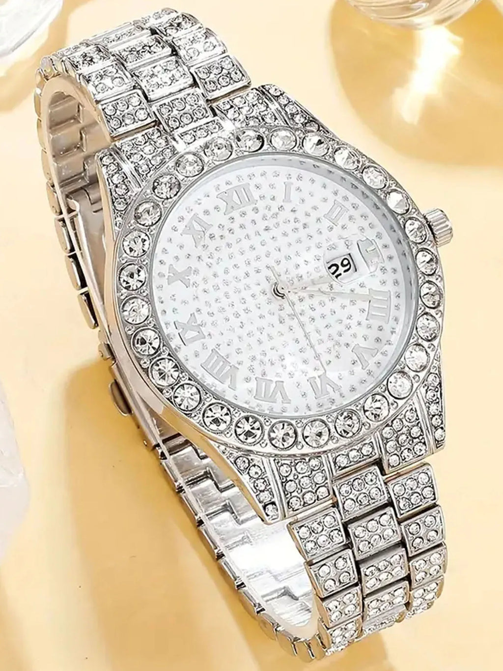 Luxury Men's Square Quartz Watch with Diamond-Embedded Roman Numerals Alloy Fashion Gift Set Qme