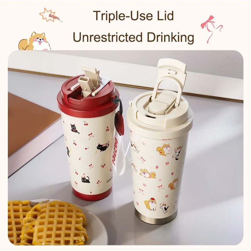 Floral Kitten Design Dual-drink Vacuum Insulated Cup Large Capacity Qme