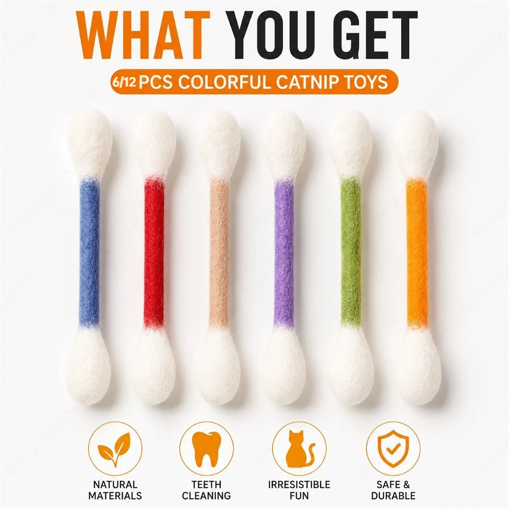 6/12PCS Cotton Swab Shaped Catnip Toy Durable Kitten Teeth Grinding Pet Interactive Chewing Play Accessory Qme
