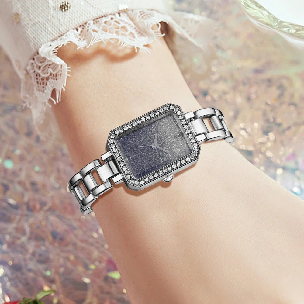 2PCS Silver Women's Watch Set Luxury Trendy Simple Quartz Watch Bracelet Set Suitable for Daily Clothing Matching Perfect Gift Qme