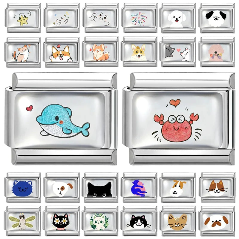 Fashion Kawaii Cute Dolphin Crab Cats Italian Charm Link Fit 9mm Bracelet Stainless Steel Jewelry DIY Making Gift for Women Girl Qme