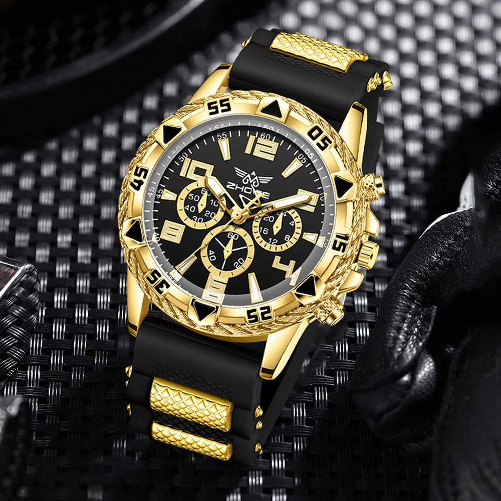 4PPC Gold shell black tape three eye men's sports watch Cuban chain cross necklace hollow ring four piece set Qme Black B