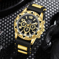 4PPC Gold shell black tape three eye men's sports watch Cuban chain cross necklace hollow ring four piece set Qme Black B