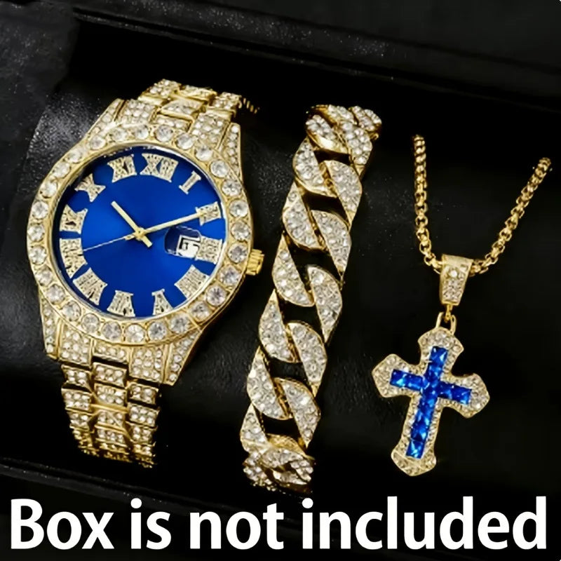 Hip-Hop Roman Numerals Diamond-Encrusted Ladies' Watch Fashion Large Dial Quartz Watch Set Qme Coffee