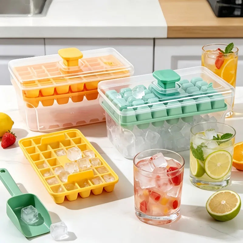 Double-layer 68-grid Push-type Deicing Ice Cube Tray with Storage Box Portable Ice Box with Ice Shovel Household Ice Making Set Qme