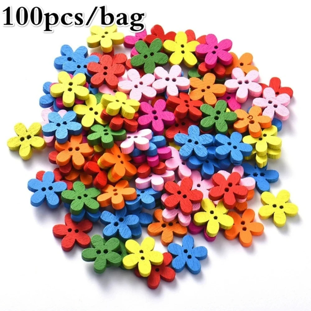 100 Pcs 2-hole Mixed Flower Wooden Decorative Buttons Suitable for Sewing Clip Arts and Crafts Multicolor 14x15mm Qme