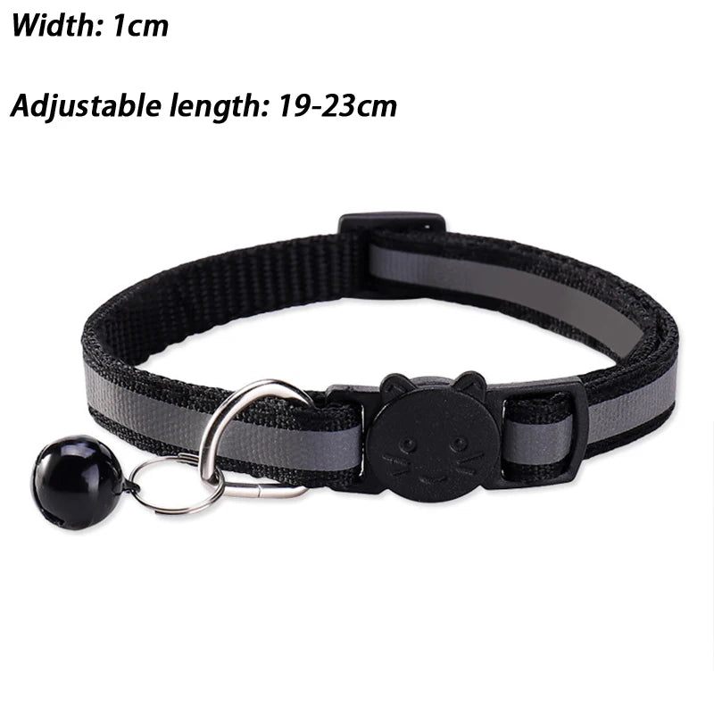 Round Ear Cat Dog Collar Glowing Pet Reflective Safety Buckle Bell Qme Black one size
