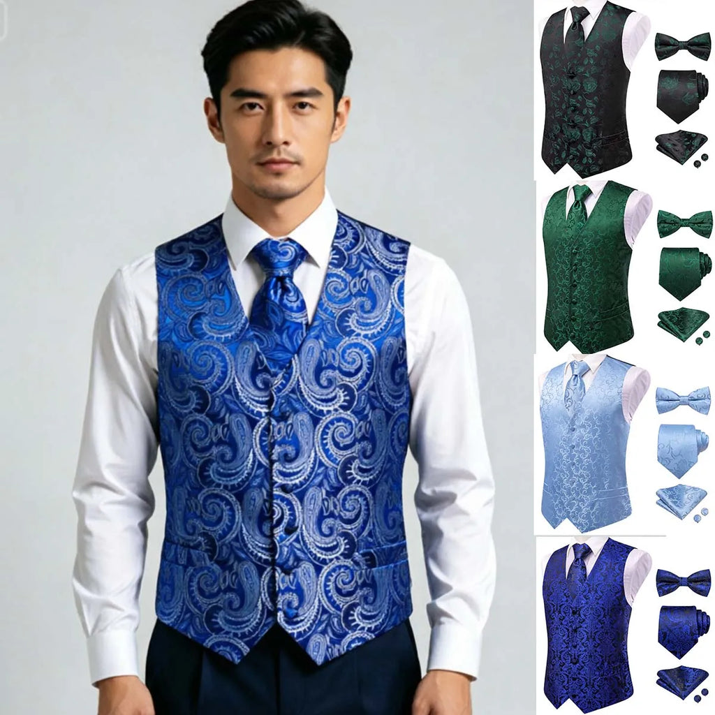 Blue Green V-Neck Paisley Waistcoat 5Pcs Set Vest Tie Bowtie Hanky Cufflinks Formal Suit Qme