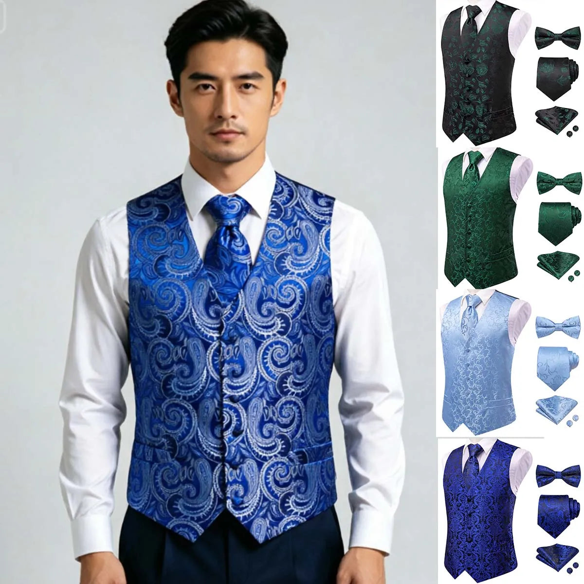 Blue Green V-Neck Paisley Waistcoat 5Pcs Set Vest Tie Bowtie Hanky Cufflinks Formal Suit Qme