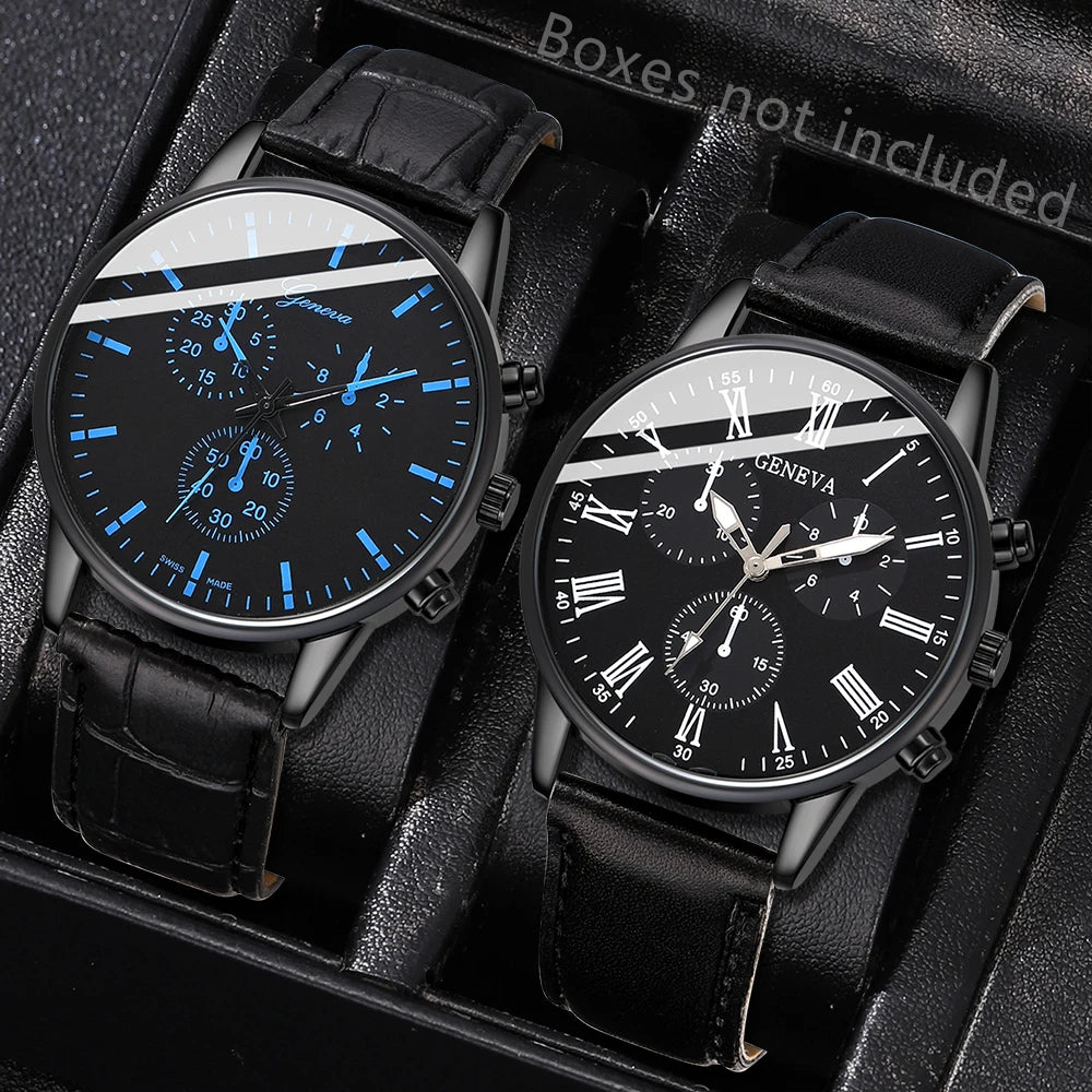 2Pcs Geneva Couple Men Watch Set Black Suede Leather Chronograph Quartz Wristwatch Roman Dial Black White Dual Face Gift Qme Black A