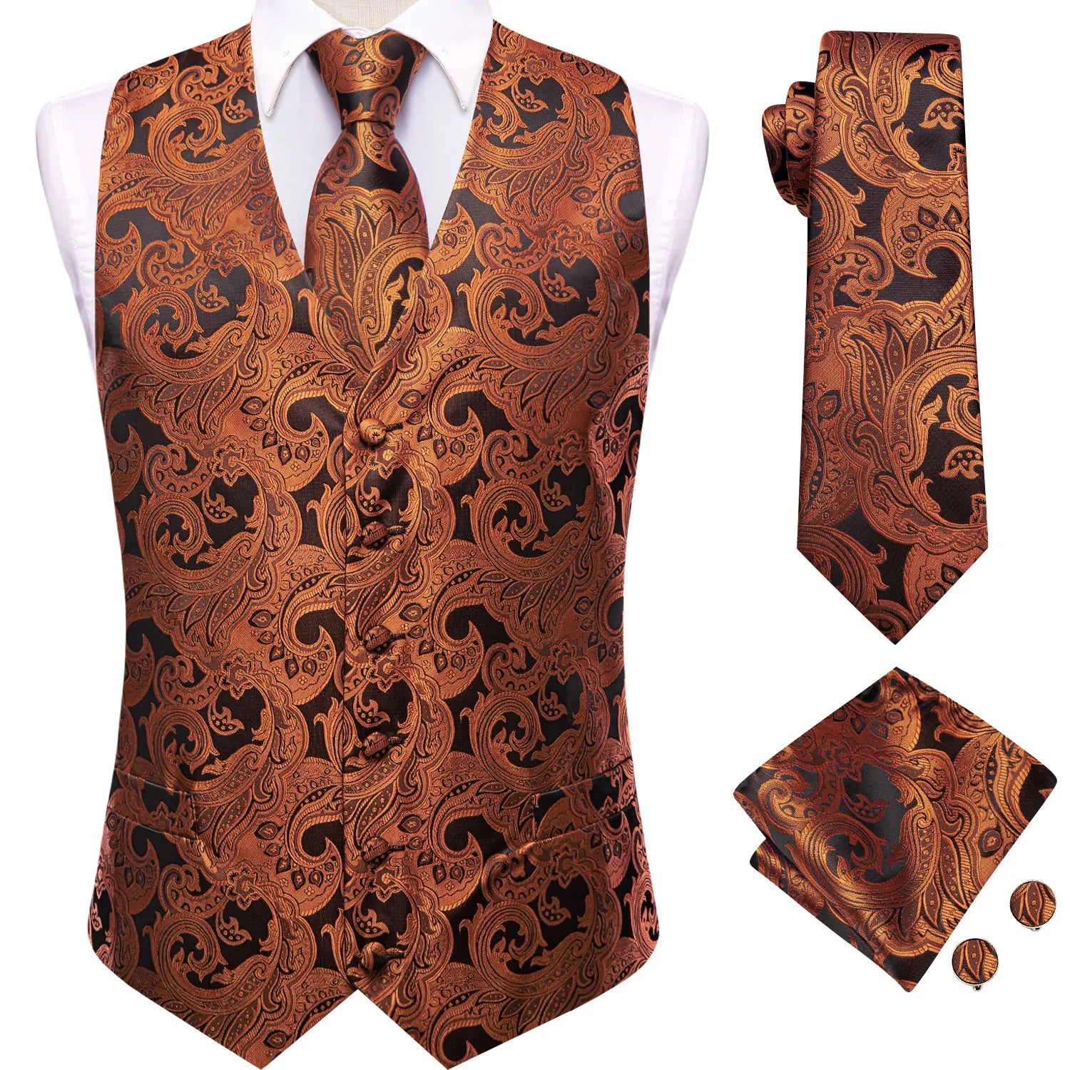 V-neck Waistcoat 4 Men Vest Tie Pocket Square Cufflinks Business Qme MJTZ3571 S