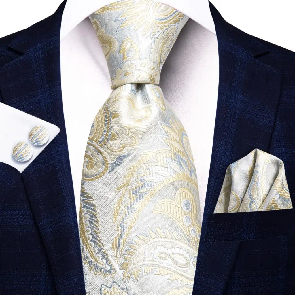 Champagne Floral Paisley Elegant Tie Men Groom Wedding Yellow Gray Qme SN-3793