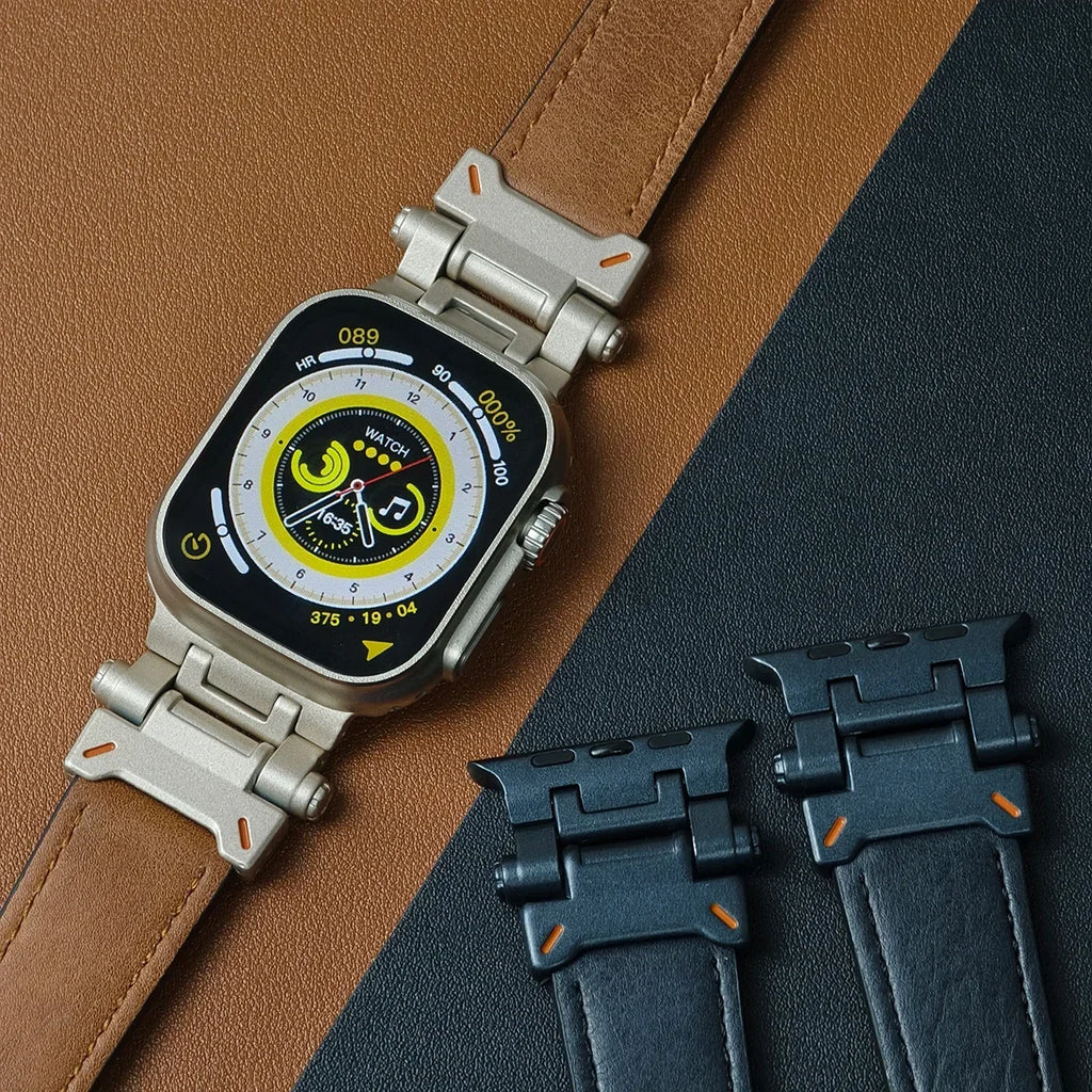 Leather Band for Apple Watch Ultra 2 49mm Men Watchband Strap Correa Bracelet for IWatch series 9 7 8 6 5 4 Se 3 45mm 44mm 42mm Qme