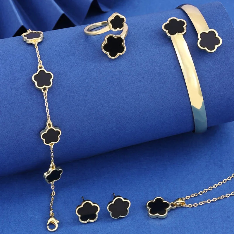 5PCS Five Leaf Flower Jewelry Set Bracelet Necklace Earrings Ring Bangle Classic for Woman Girl Party Brand Jewelry Gift Clover Qme