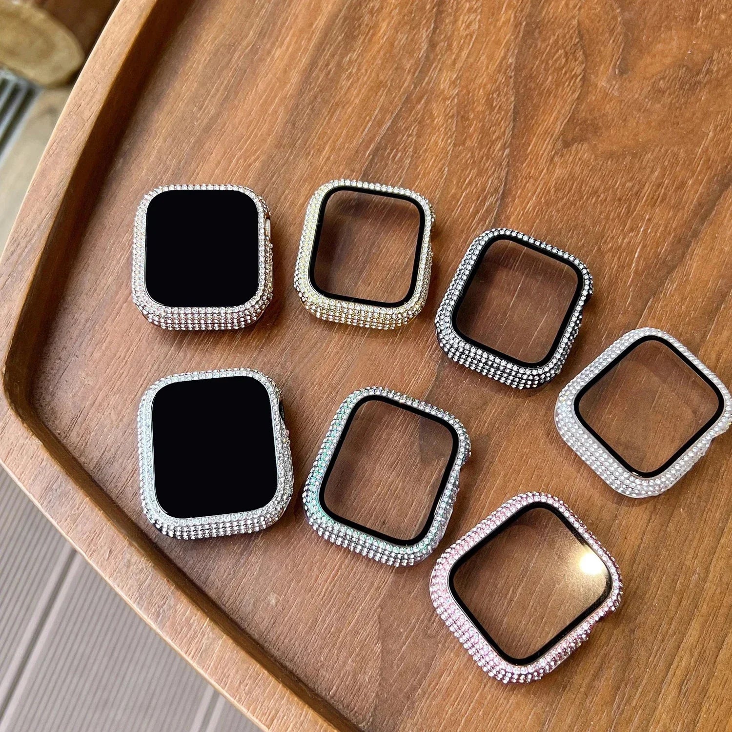 1pc Rhinestone Decor Tempered Glass Screen Protector Watch Case For Apple Watch 38/40/41/42/44/45Mm,Series SE/9/8/7/6/5/4/3/2/1 Qme