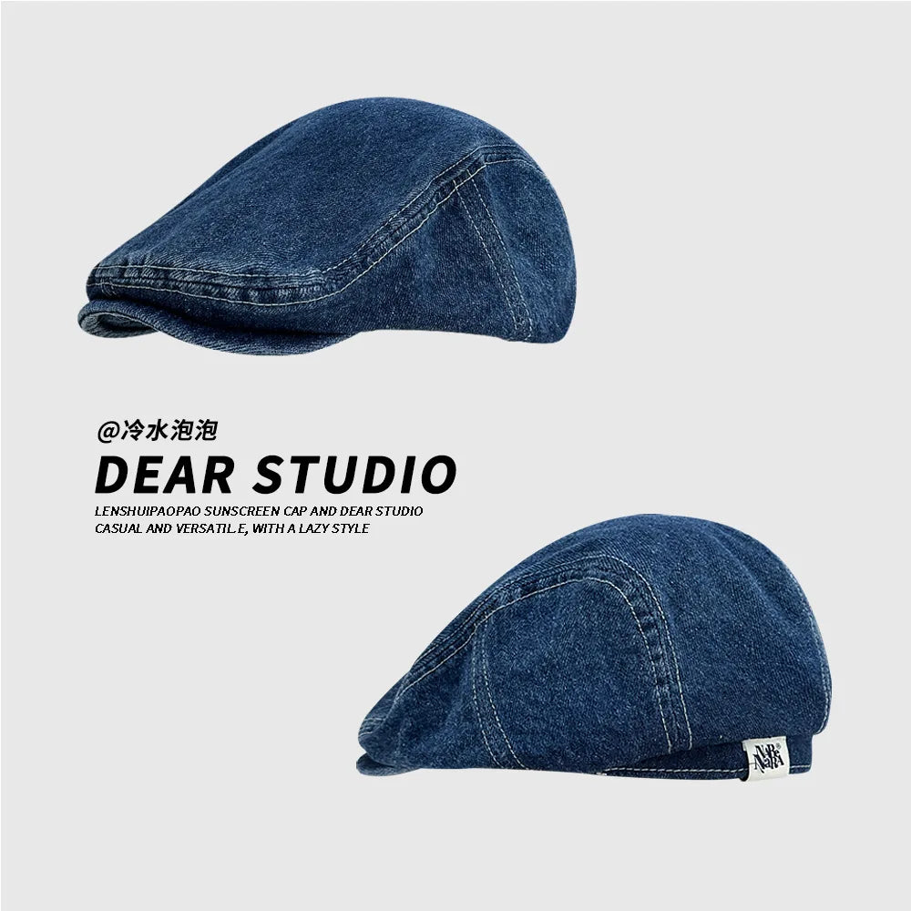 Retro Denim Beret Women's Summer Versatile Washed Old Big Head Qme Blue