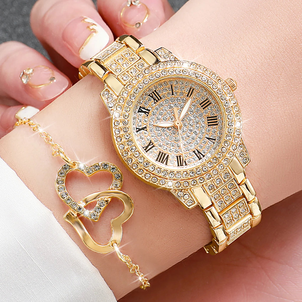 Luxury 5 In 1 Full Crystal Gold Watch Interlocking Heart Necklace Earrings Ring Bracelet Set Qme
