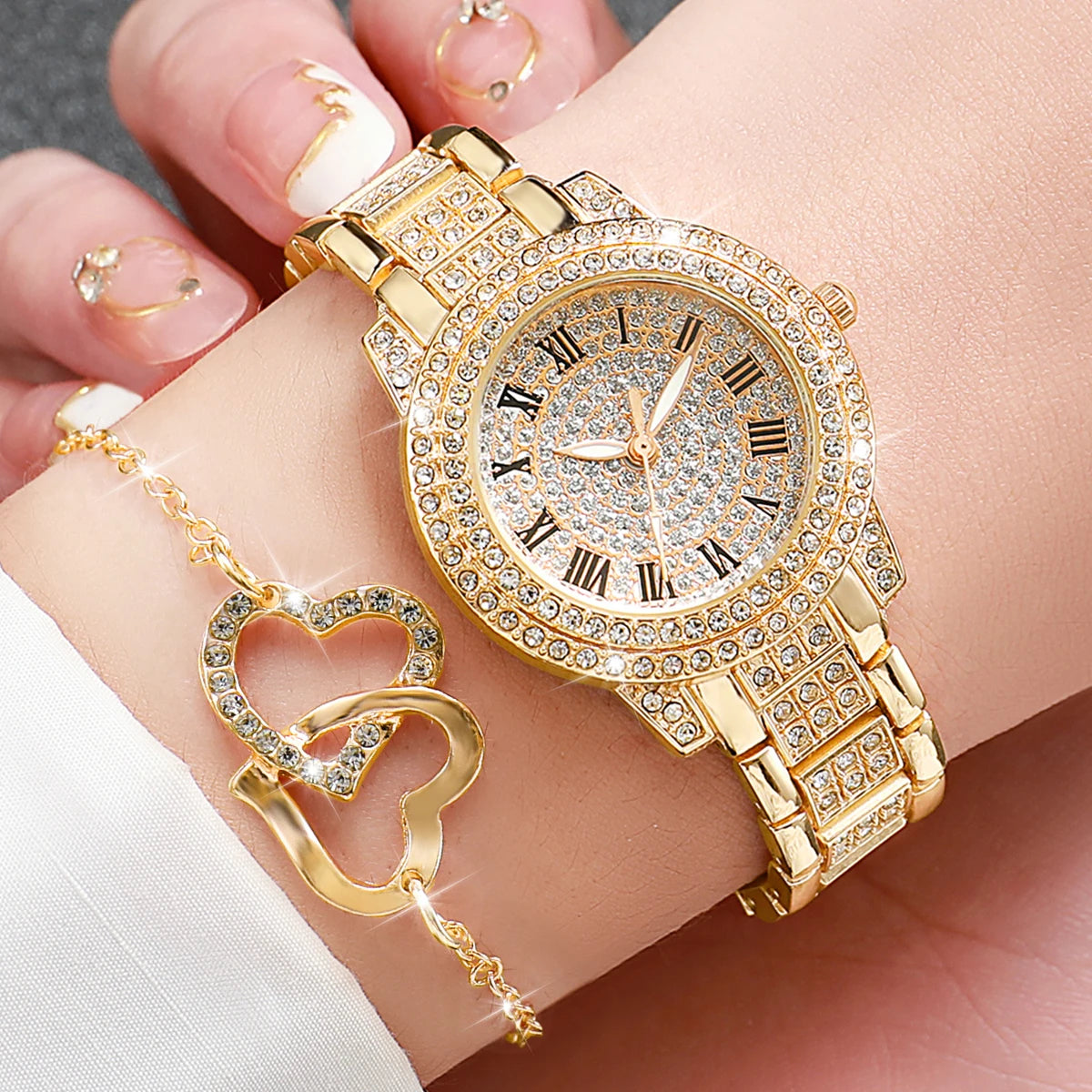 Luxury 5 In 1 Full Crystal Gold Watch Interlocking Heart Necklace Earrings Ring Bracelet Set Qme