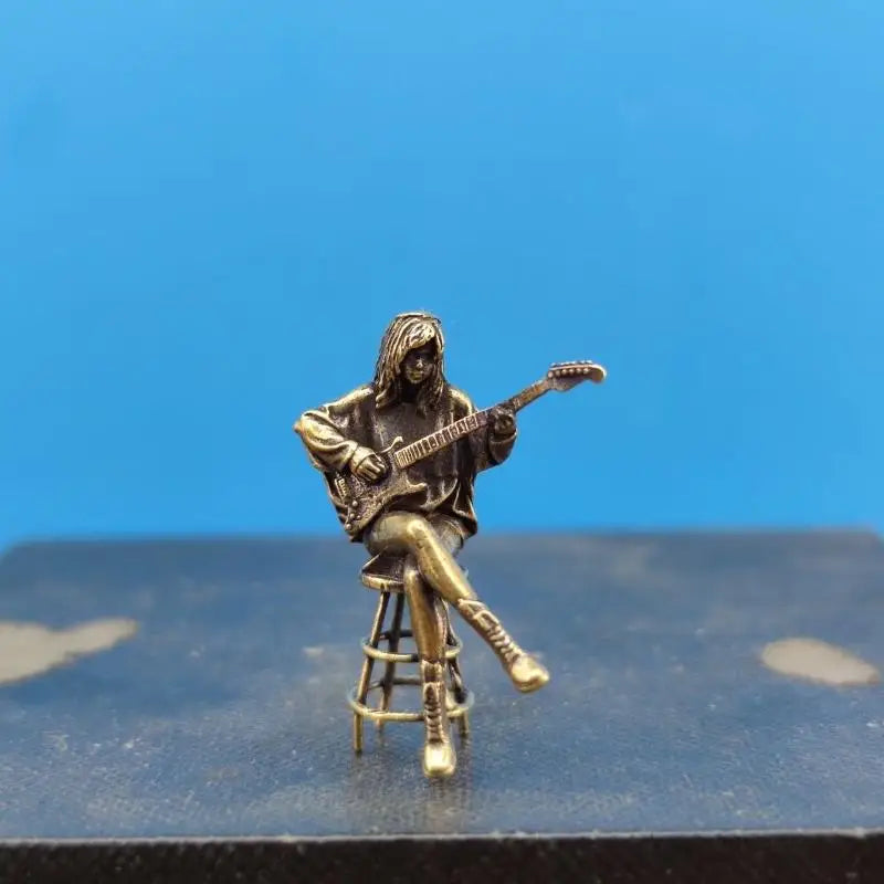 Retro Bar Female Guitarist Doll Figurine Vintage Brass Statue Model Mini Craft Figure Desktop Ornament Office Home Decoration Qme