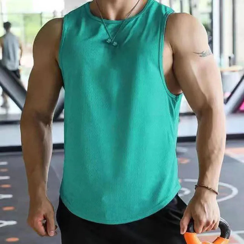 2026 Men’s Summer Solid Color Tight Vest Lightweight Breathable Quick-Dry Gym Muscle Fitness Bodybuilding Sleeveless T-Shirt Qme Cyan XL