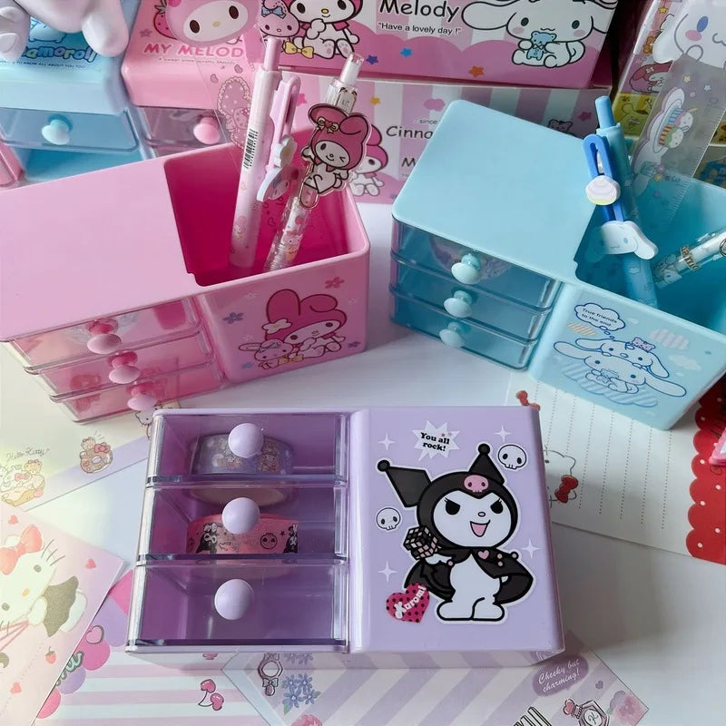 Hello Kitty, Kuromi, and Japanese-Style Cute Desktop Pencil Holder Student Storage Box Melody Mini Drawer Organizer Qme
