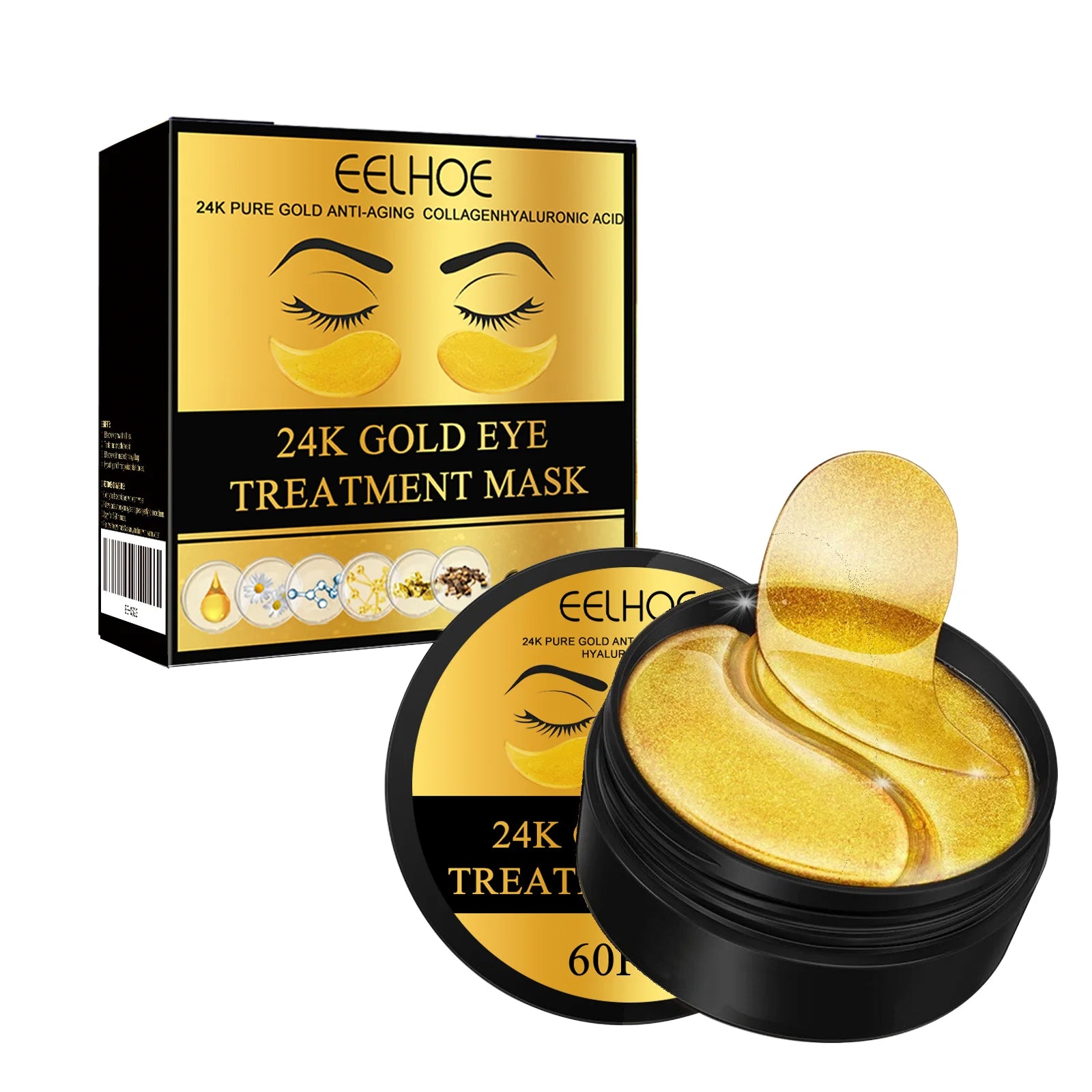 24K Gold Eye Treatment Mask Remove Dark Eye Circles Firming Fade Fine Lines Anti-Aging Hyaluronic Acid Collagen Under Eye Mask Qme 60Pcs Boxed