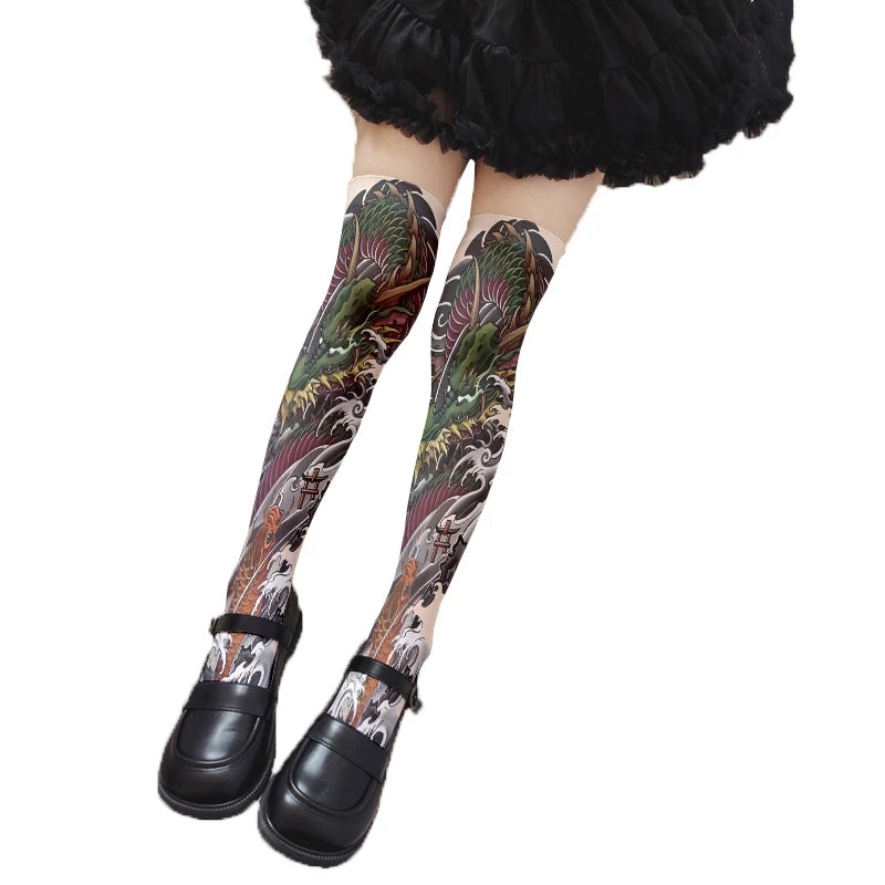 Sexy Long Tube Thigh-high Stockings Imitation Tattoo Pattern Velvet Qme style2 46cm