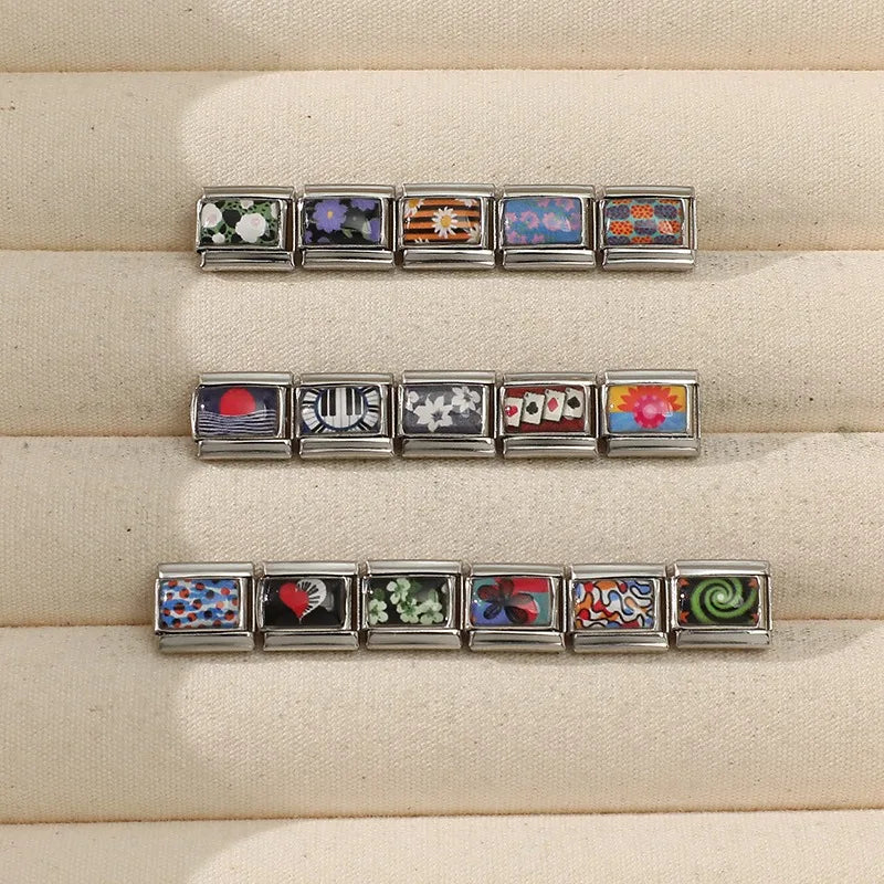 2026 Creative Colorful Pattern Sun Daisy Piano Red Poker Italian Charm Links Fit 9mm Stainless Steel Bracelet DIY Making Jewelry Qme