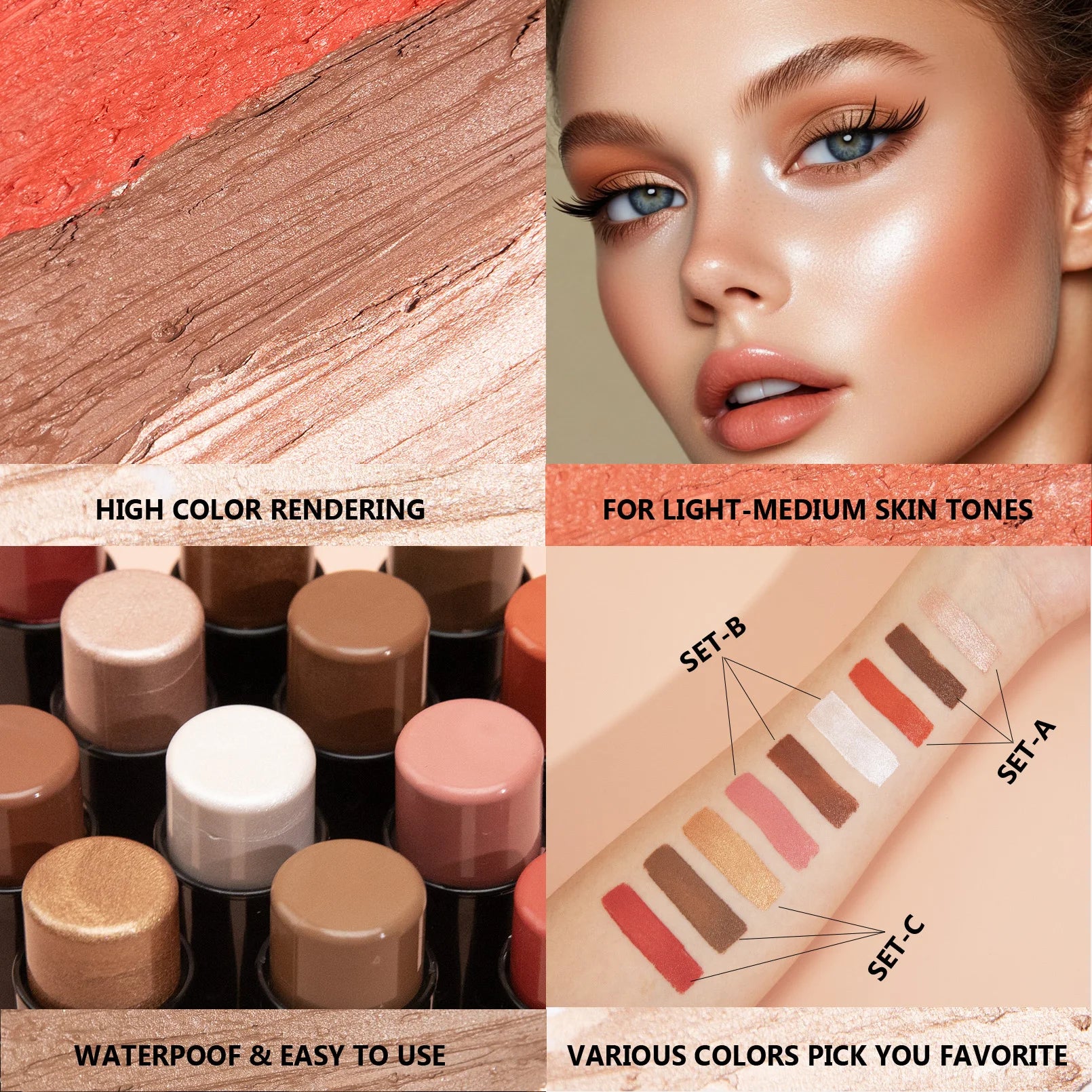 4pcs Contour Stick, Highlighter Stick, Blush Stick 4pcs Cream Contour Kit with Contour Brush, Create Face Contour, Non-greasy Qme