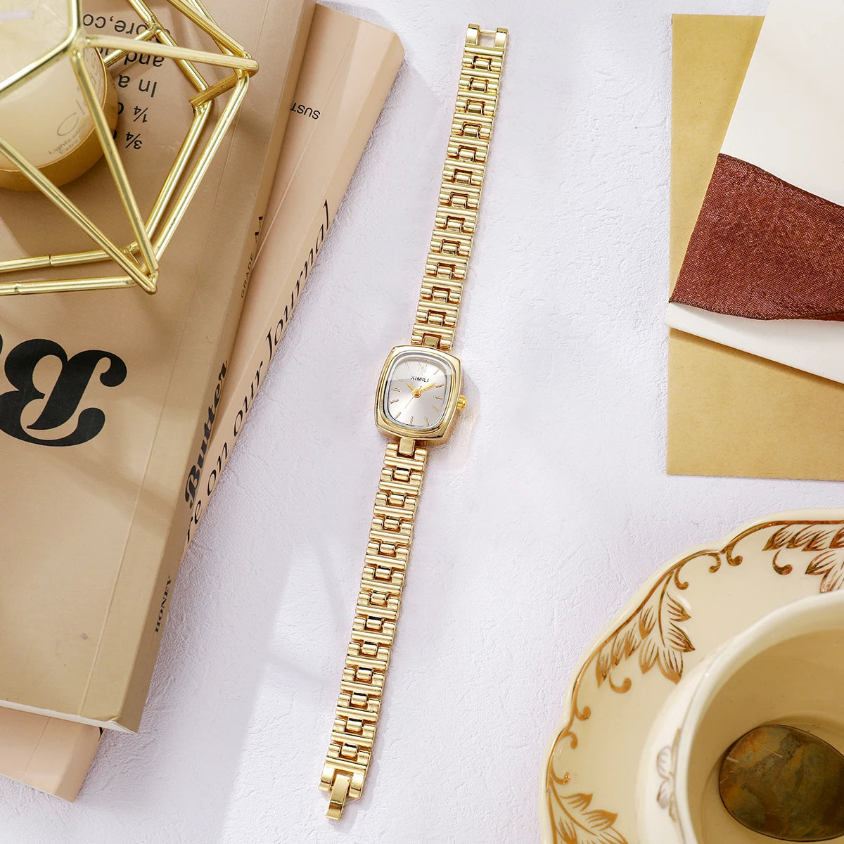 Women's Small Square Watch, Gold Tone with Silver Dial, Everyday Wear Qme