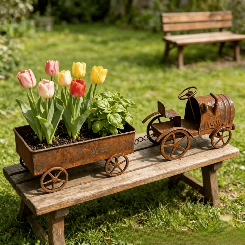 Rusty Vintage Metal Tractor Planter with Wheels Rustic Farmhouse Decorative Truck Carriage for Plants & Floral Displays Qme