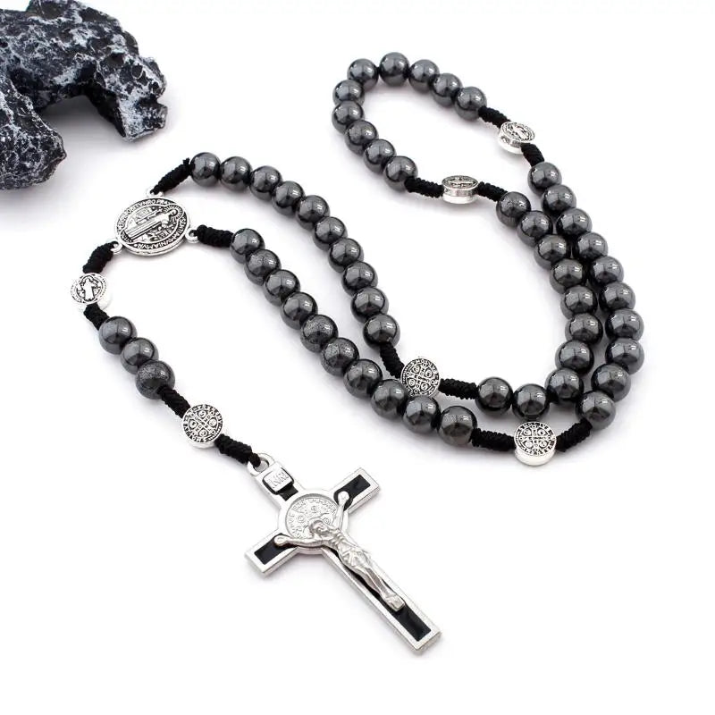 Retro Religion Belief Catholic Cross St. Benedict Black Gallstone Prayer Rosary Pendant Necklace Jewelry Gift Qme A4