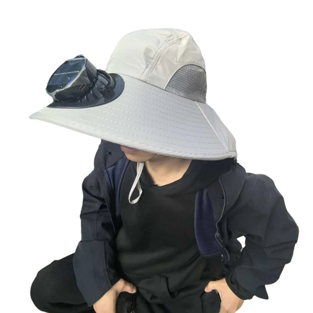 Breathable Solar Fan Hat Strong Wind Wide Brim Sun Hat with Fan with Shawl UV Protection Summer Fan Visor Cap Hot Weather Qme Grey Round