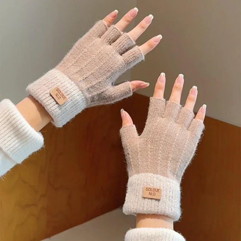 2024 Men Winter Fingerless Half Finger Knitted Gloves Office Warm Qme