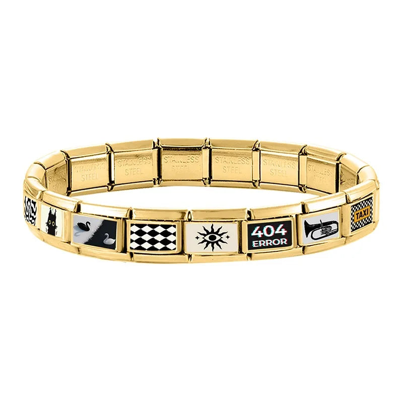 Gold Color Retro Black Trumpet Zebra Cow Piano Italian Charm Link Fit 9mm Stainless Steel Bracelet Women Jewelry DIY Making Gift Qme
