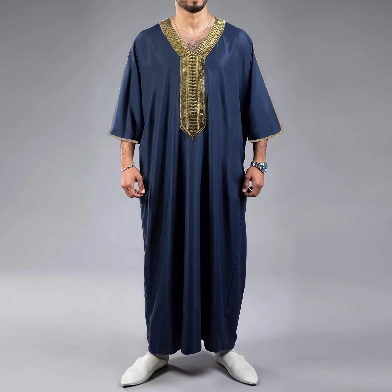 Men's Muslim Robe Arab Middle Robe Long Sleeve Embroidered Long Shirt Prayer Simple Loose Clothing Qme Navy S