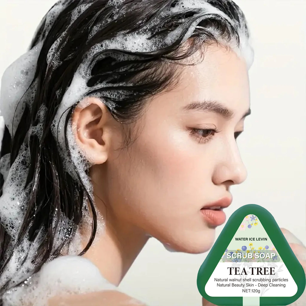 Tea Tree Scrub Soap with Natural Walnut Shell Particles for Deep Cleaning & Natural Beauty Skin Care. Qme