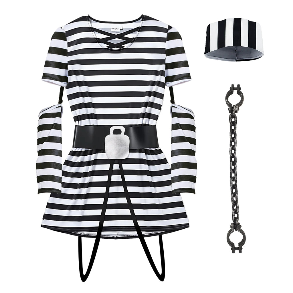 Prisoner Costume Women Adult Jail Inmate Outfit With Hat Foot Cuffs Fancy Halloween Dress Up Qme WHITE M