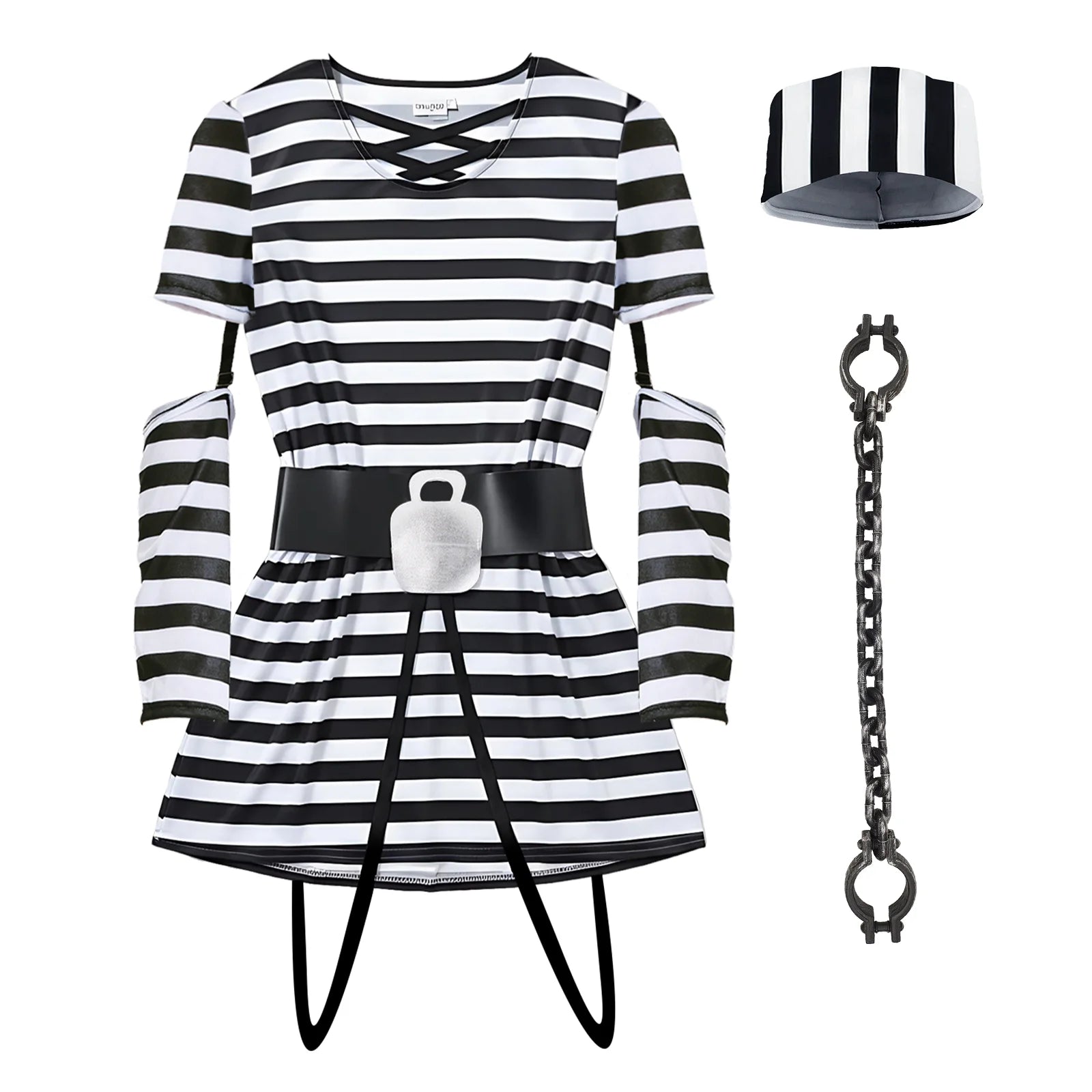 Prisoner Costume Women Adult Jail Inmate Outfit With Hat Foot Cuffs Fancy Halloween Dress Up Qme WHITE M