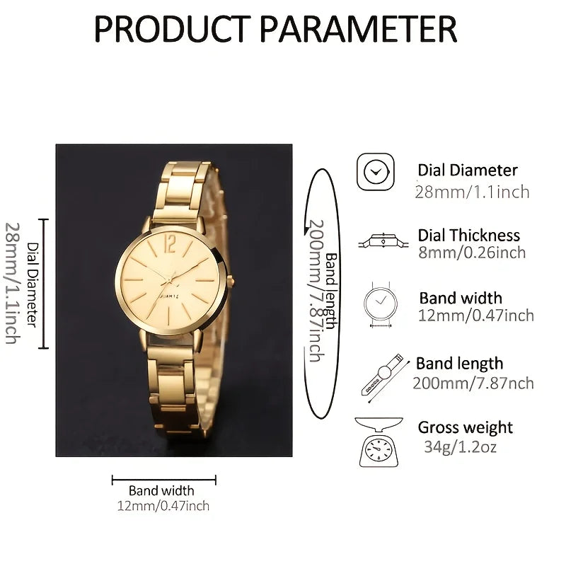Classic Minimalist White Dial Gold Metal Watch Matching Smooth Teardrop Shape Jewelry Set For Women Wedding Party Gift Without Qme