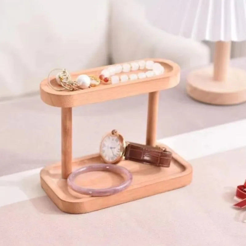 Wooden Double-layer Tray Storage Rack Desktop Cosmetics Jewelry Qme
