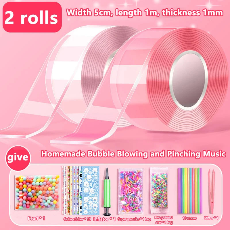 Kids Gifts PET Nano Glue DIY Blow Bubble Double Sided Tape Sticky Qme A9