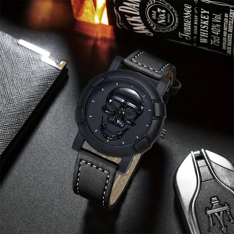 Skull Pattern Multi Display Pointer Round Quartz Watch With PU Leather Strap For Men Qme Bronze Yes