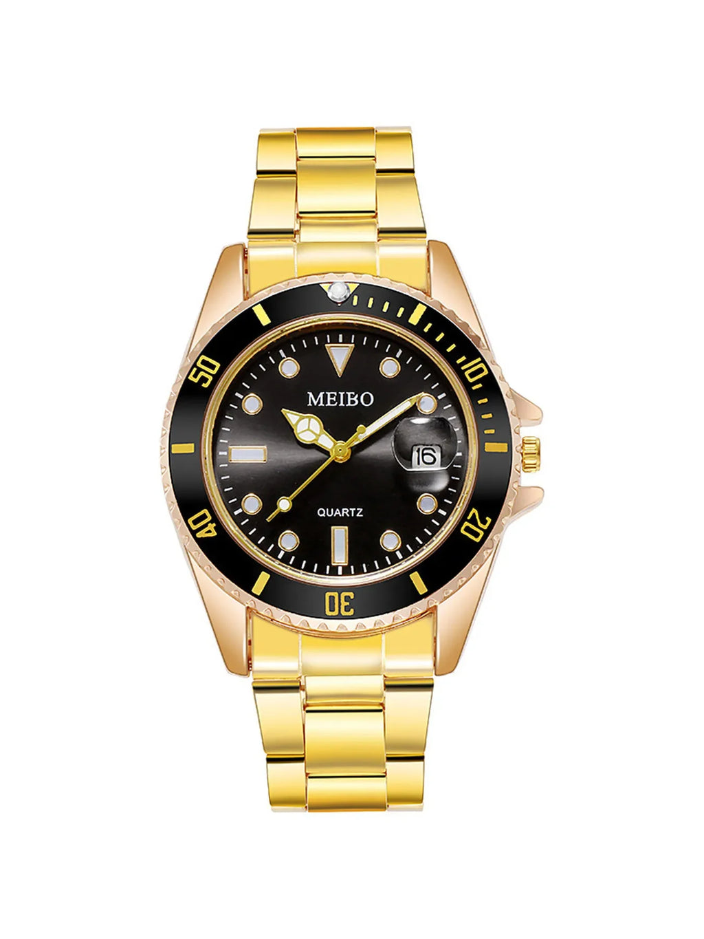 1 pcs of steel strip men's watch quartz watch fashion alloy men's watch gold and 1 pcs of crown bracelet Qme