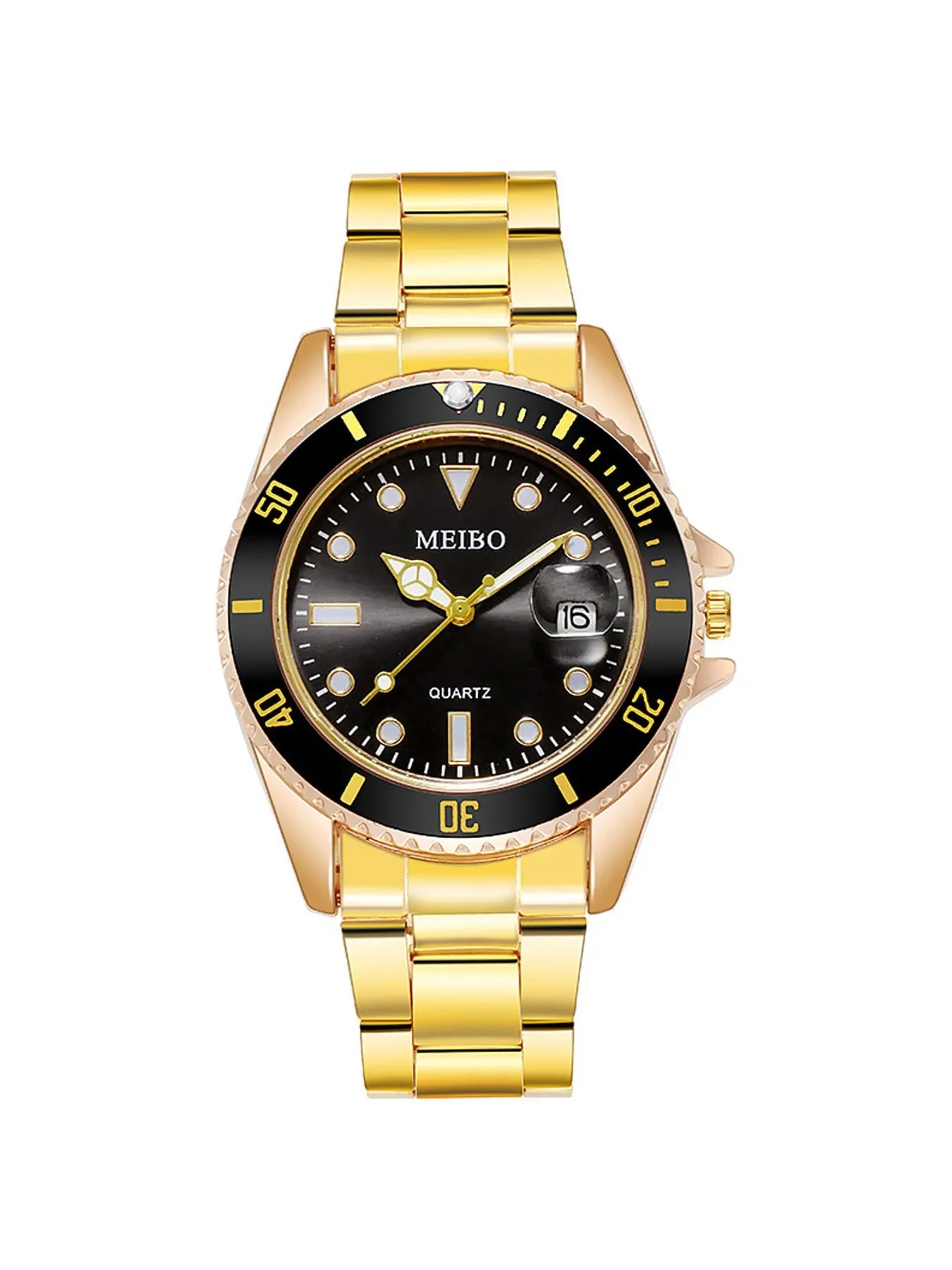 1 pcs of steel strip men's watch quartz watch fashion alloy men's watch gold and 1 pcs of crown bracelet Qme
