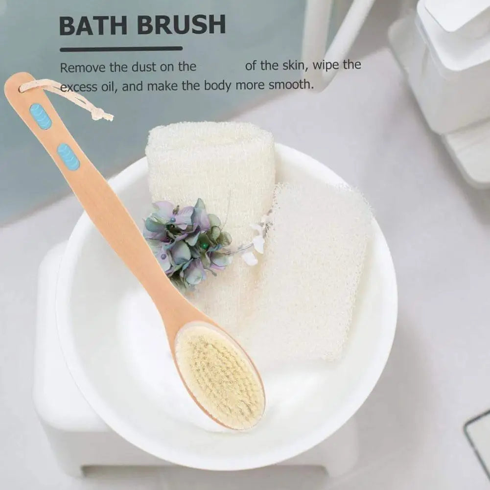 Bamboo Shower Brush with Soft and Stiff Bristles, Bath Long Wet Body Dry Exfoliator, Brush Scrubber, or Back Dual-Sided Han L8T3 Qme