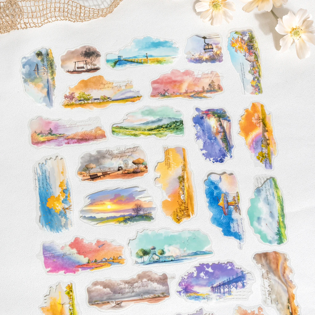 6 Designs Scenery Under Clouds Theme PET Stickers for Scrapbooking DIY Frame Collage Decoration laptop Phone Qme