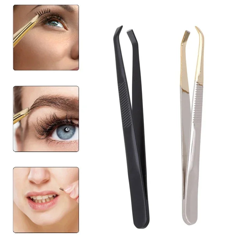 Eyebrow Tweezers Facial Hair Removal Clip Stainless Steel Flat Slant Qme